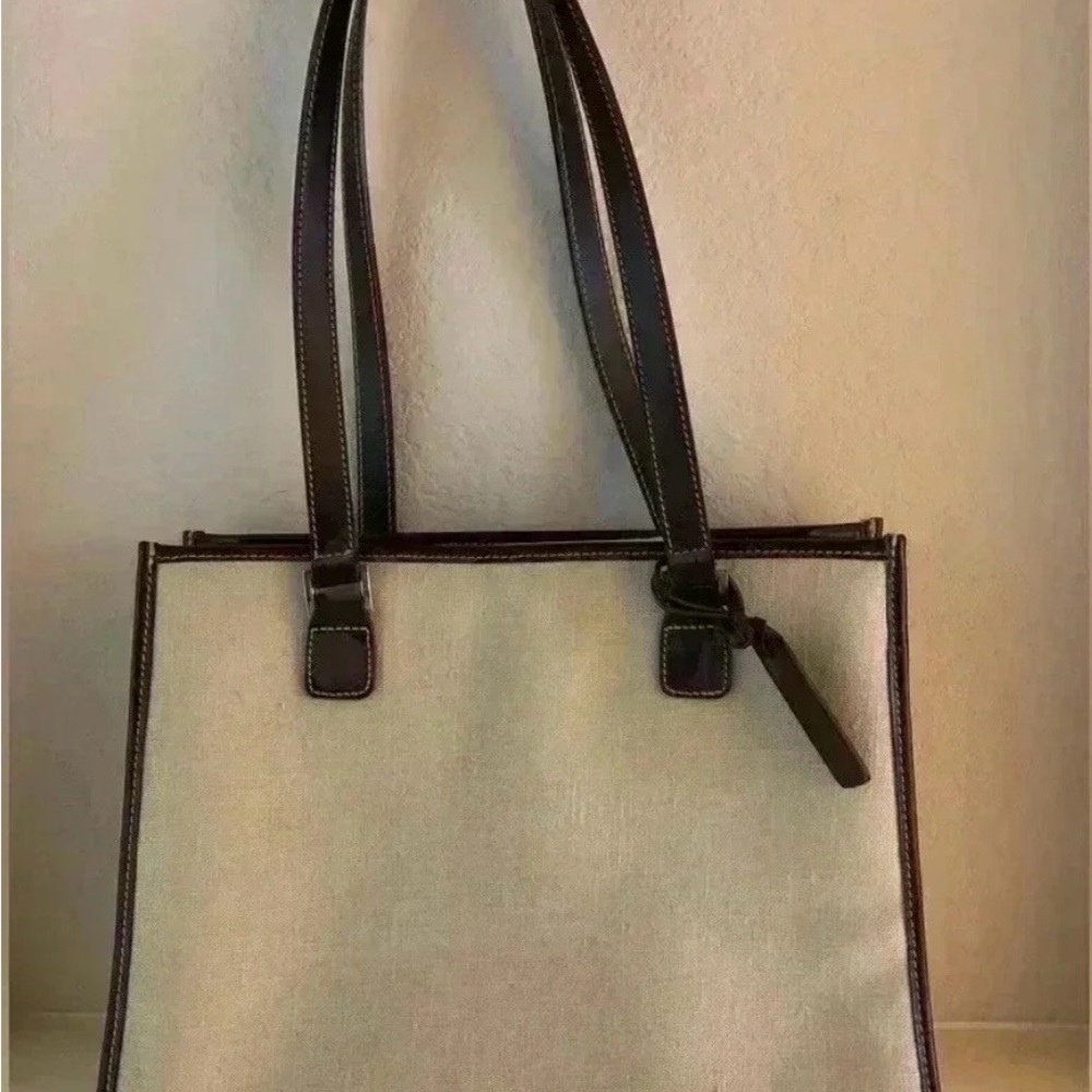 Lauren Ralph Lauren Beige Canvas Tote with Dark Brown Trim